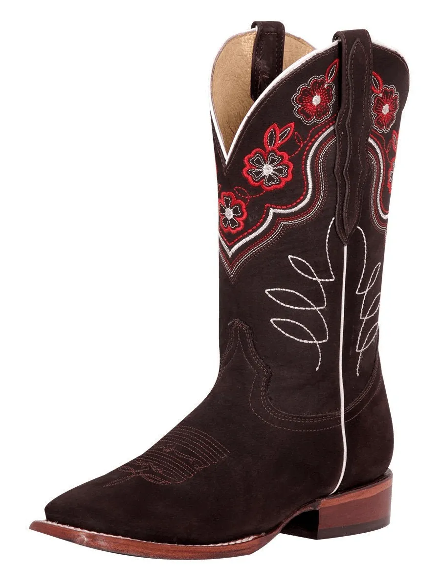 Women's Nubuck Leather Floral Embroidered Cowgirl Boots 'El General' Color Cafe 42978