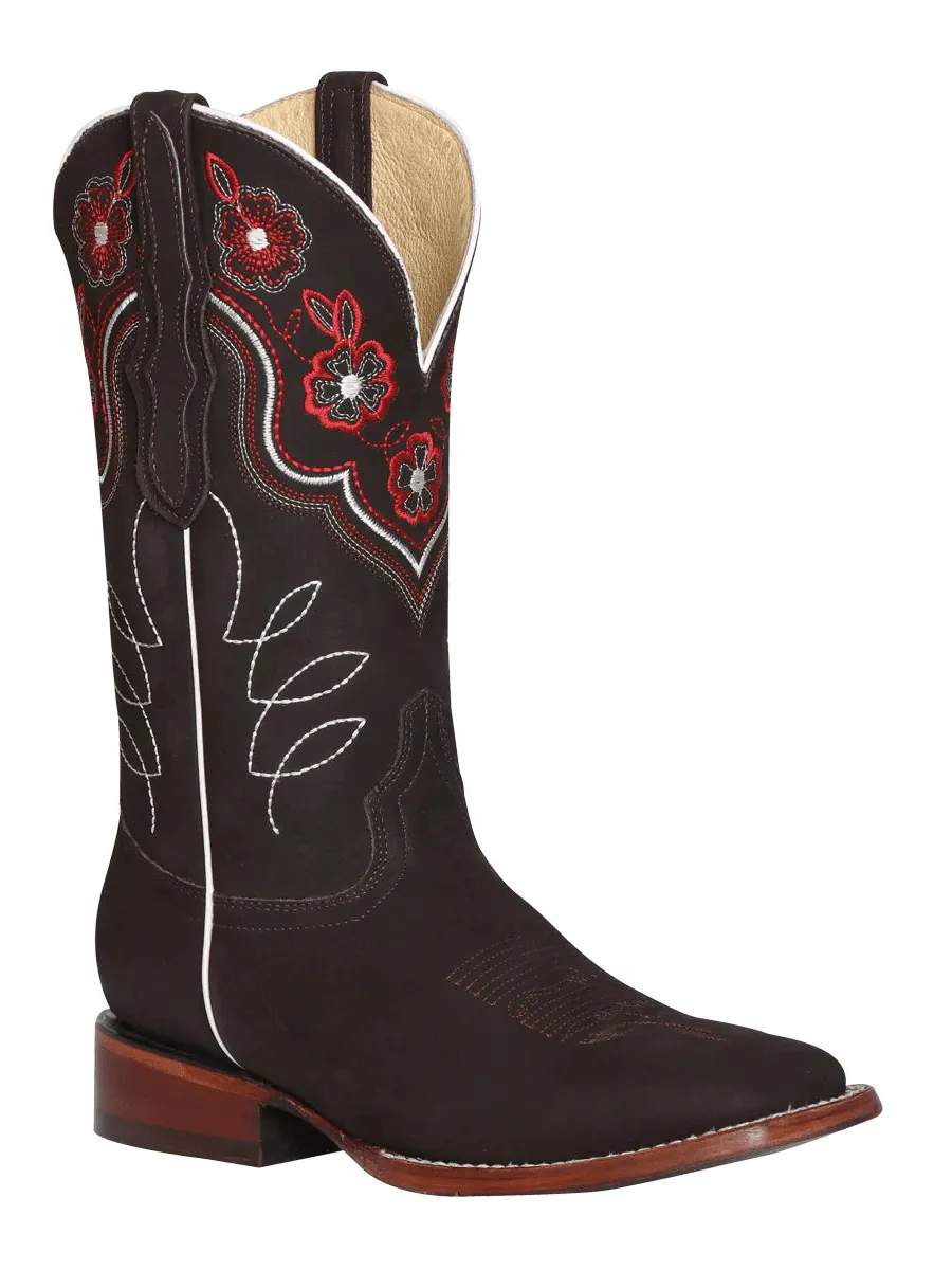 Women's Nubuck Leather Floral Embroidered Cowgirl Boots 'El General' Color Cafe 42978
