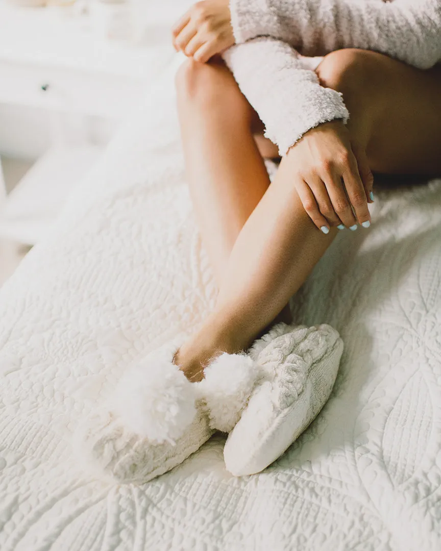 Women's Plush Pom-Pom Chenille Cable Knit Slippers