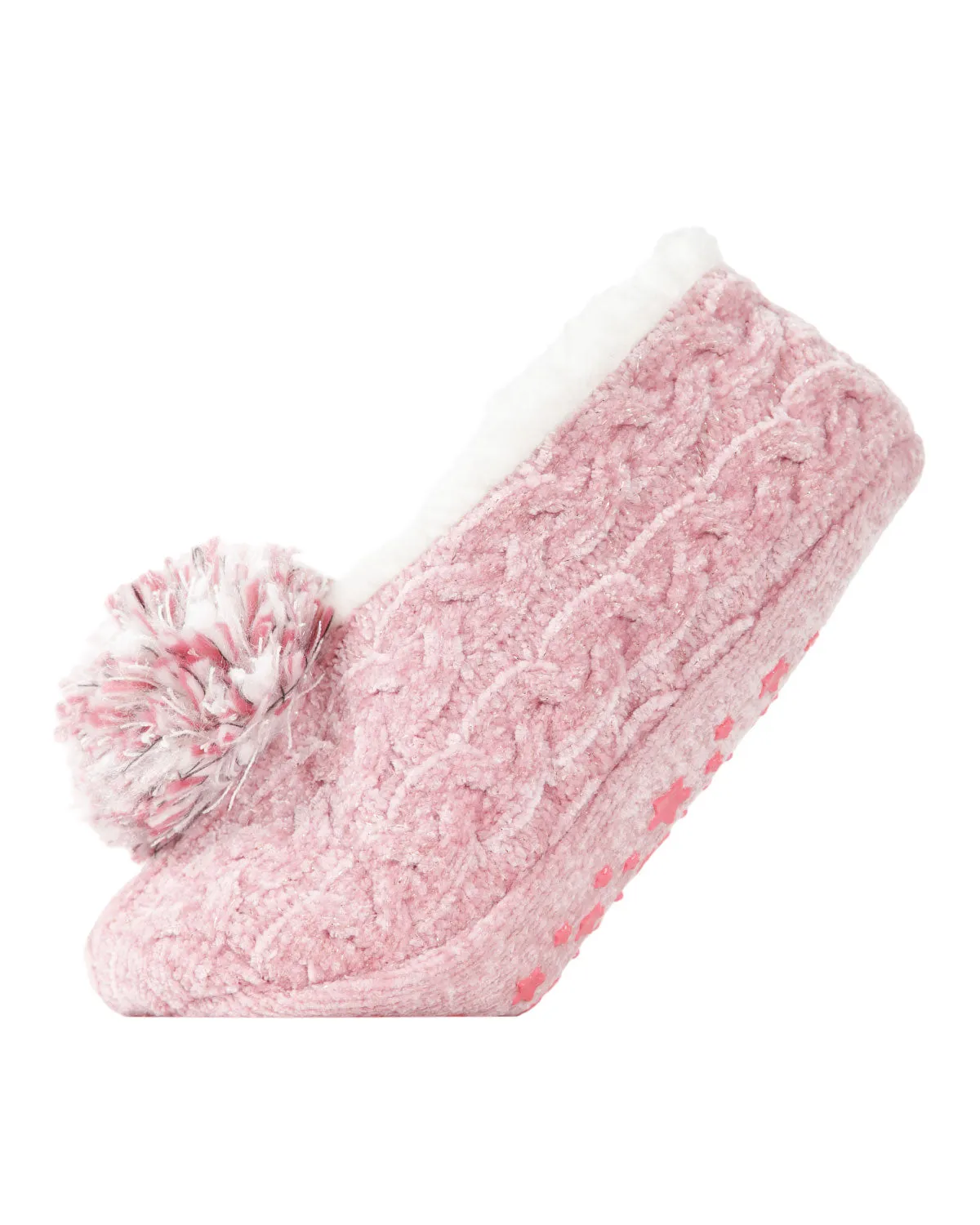 Women's Plush Pom-Pom Chenille Cable Knit Slippers