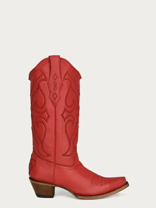 Z5076 - WOMEN'S RUBY RED EMBROIDERY TALL TOP SNIP TOE COWBOY BOOT